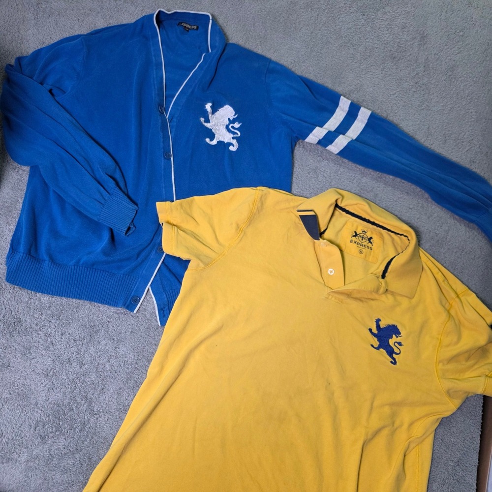 Express Mens XL Cardigan & Polo Bundle Blue Yellow Lion Logo Cotton 2pc Set Y2K